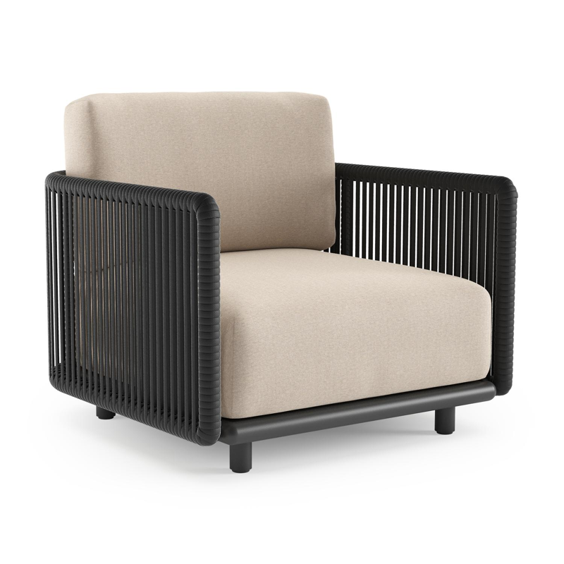 Organo loungestoel in zwart aluminium en zwart verticaal geweven luxe vlakke rope met heritage ash all weather Sunbrella® luxe kussen