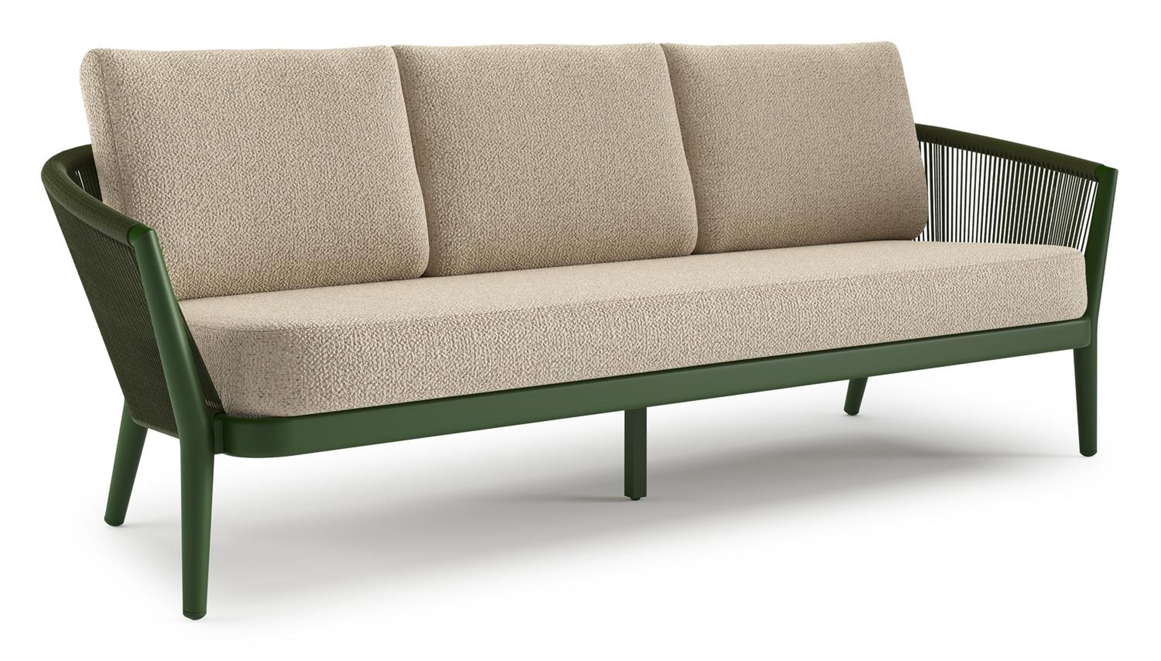 Orso loungebank in groen aluminium en groen verticaal geweven ronde rope met Bora Forest all weather cosytica kussen