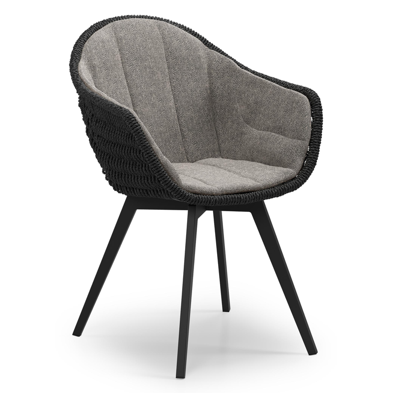 Pagino tuinstoel in zwart aluminium en zwart ronde wicker met zitkussen in All Weather Sunbrella® Luxe Chartres Drizzle