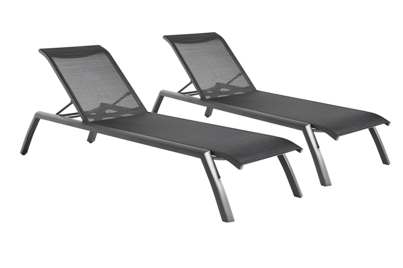 Set van 2 verstelbare Bari ligbedden in zwart aluminium en zwart textileen