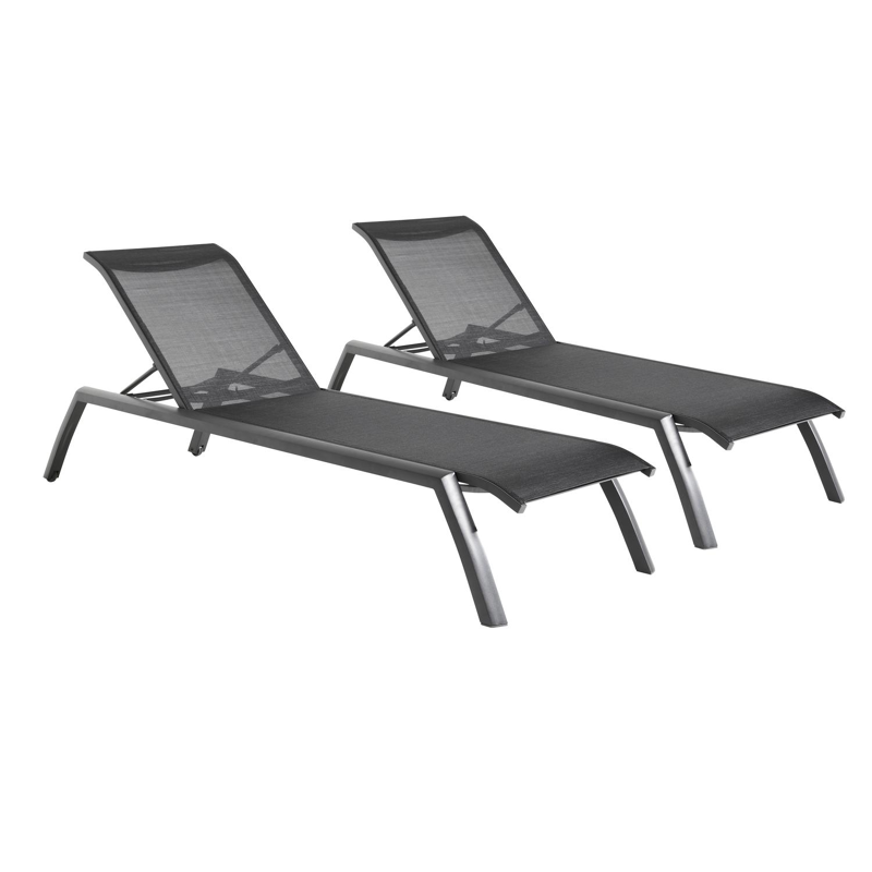Set van 2 verstelbare Bari ligbedden in zwart aluminium en zwart textileen