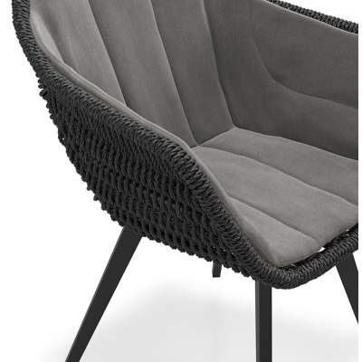 Chaise de jardin Pagino en aluminium noir et résine tressée ronde noir avec coussin en natte charcoal chine all weather sunbrella® luxe