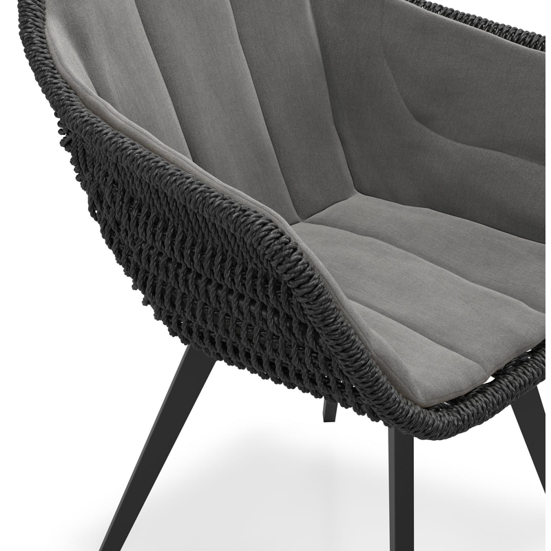 Pagino tuinstoel in zwart aluminium en zwart ronde wicker met kussen in natte charcoal chine all weather sunbrella® luxe