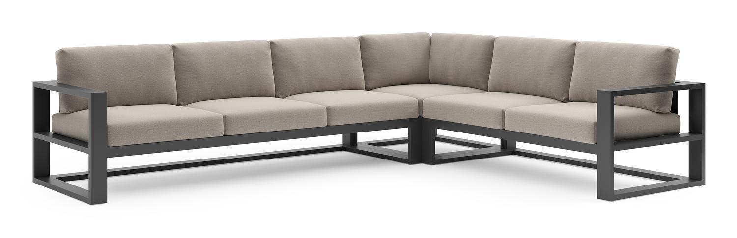 Salon de jardin d'angle Verato en aluminium noir et coussins en all weather sunbrella® luxe savane coconut