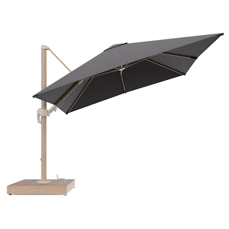 Rufina zweefparasol met tiltfunctie in houtlook aluminium en Firenze Tunder All Weather Solica parasoldoek - L1 300 x L2 300 cm met parasolvoet Minore 260 kg met wielen