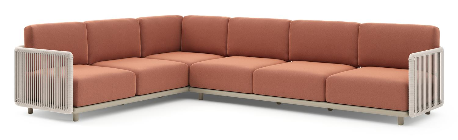 Organo loungehoek in beige aluminium en beige verticaal geweven luxe vlakke rope met heritage rust all weather Sunbrella® luxe kussen