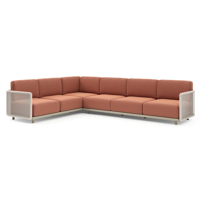 Organo loungehoek in beige aluminium en beige verticaal geweven luxe vlakke rope met heritage rust all weather Sunbrella® luxe kussen