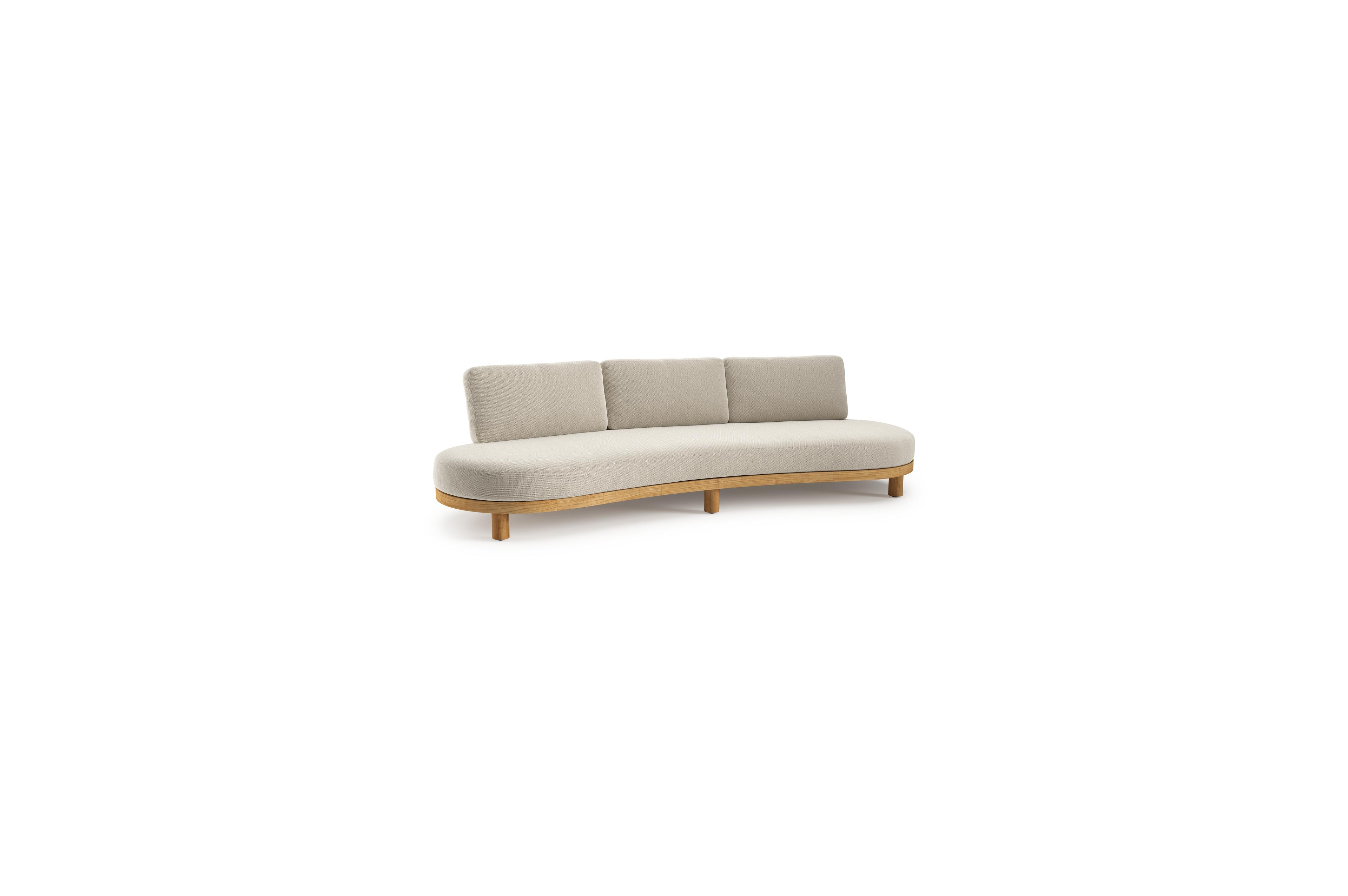 Donato loungebank in teak en beige verticaal geweven ronde rope met all weather sunbrella® luxe Lopi Marble kussen