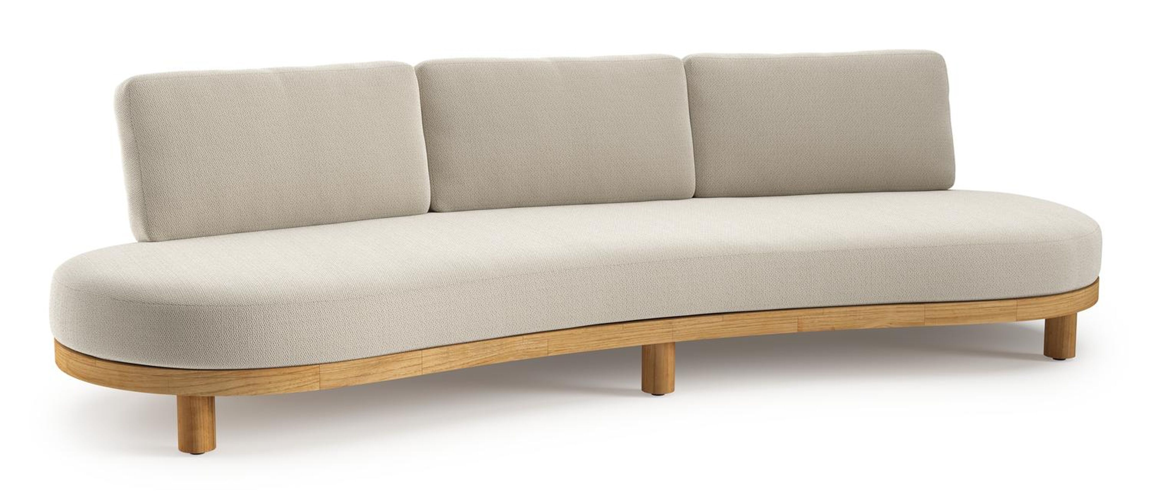 Canapé de jardin Donato en teck et corde ronde tissée verticalement beige et coussins en all weather sunbrella® luxe Lopi Marble