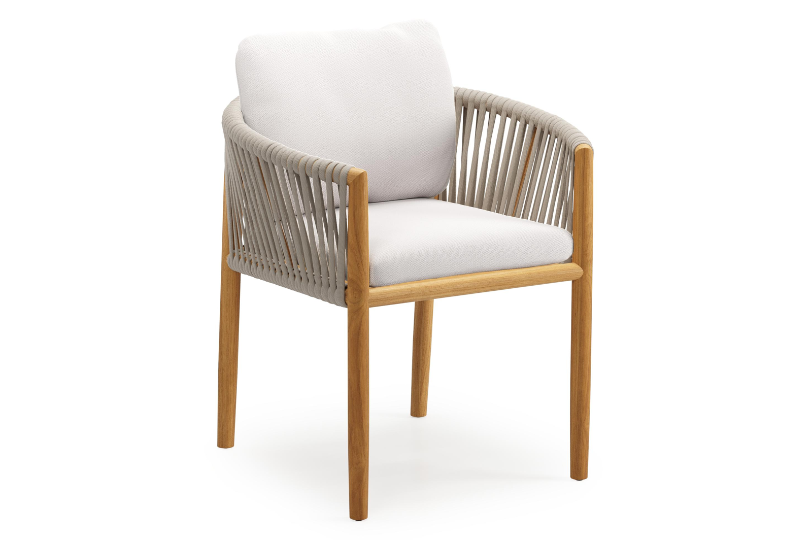 Organo tuinstoel in teak en beige verticaal geweven luxe vlakke rope met zitkussen in All Weather Sunbrella® Luxe Savane Whisper