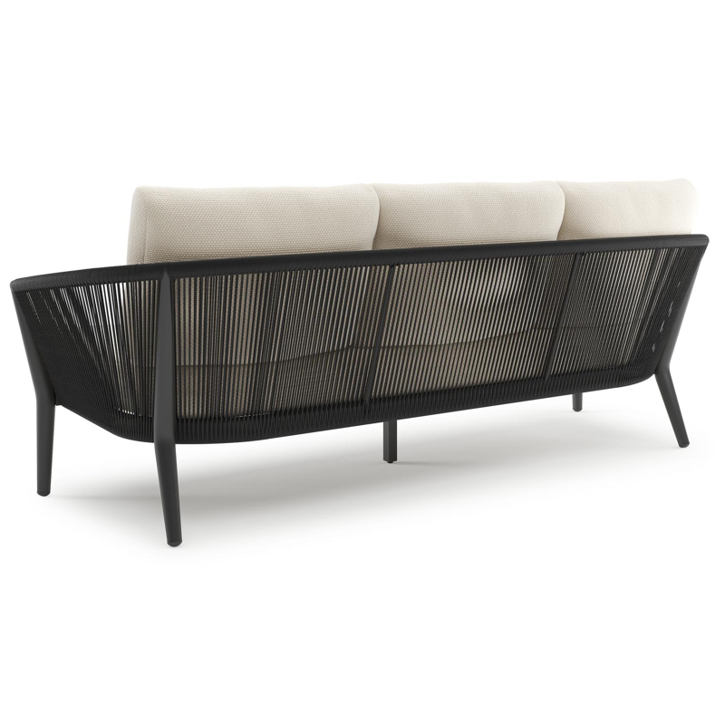 Canapé de jardin Orso en aluminium noir en corde ronde tissée verticalement noir et coussins en all weather cosytica Althea Off White