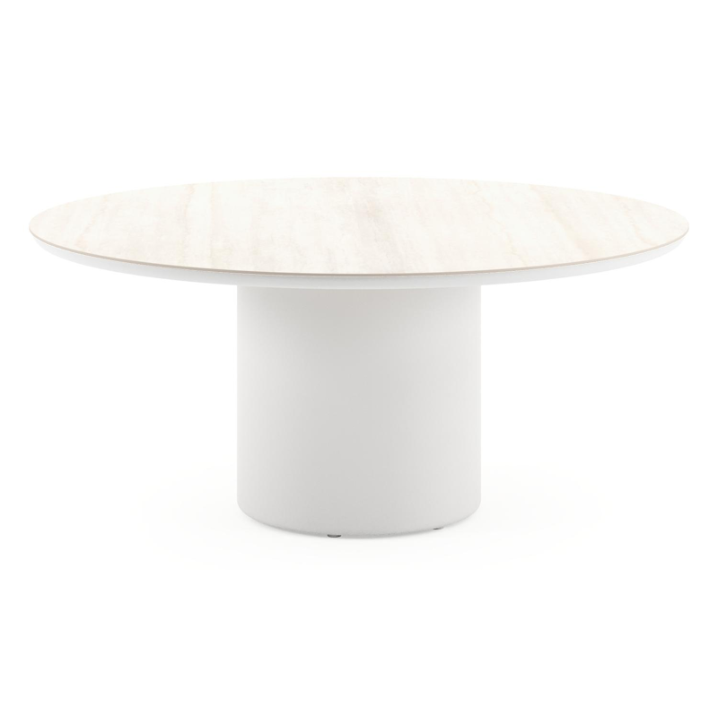 Amico low dining tuintafel rond in wit aluminium en volkeramiek Travertino Bianco - Dia. 148 x H 61 cm