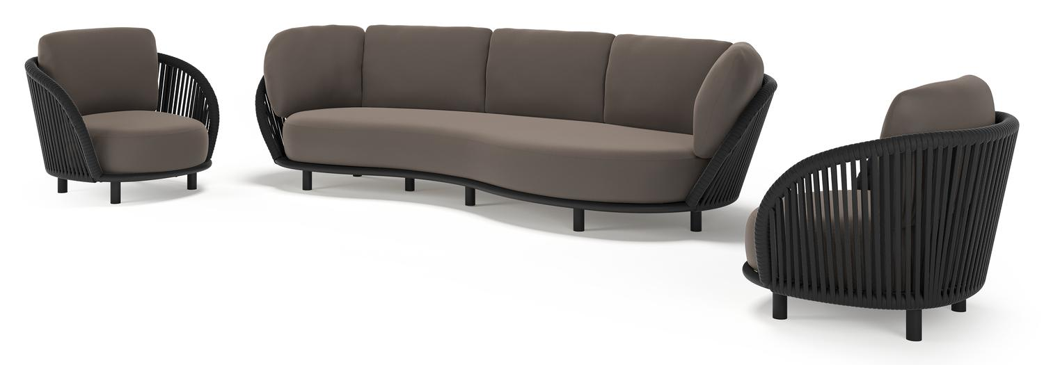 Lupino loungeset in zwart aluminium en zwart verticaal geweven luxe vlakke brede rope met natte nature grey all weather sunbrella® luxe kussen