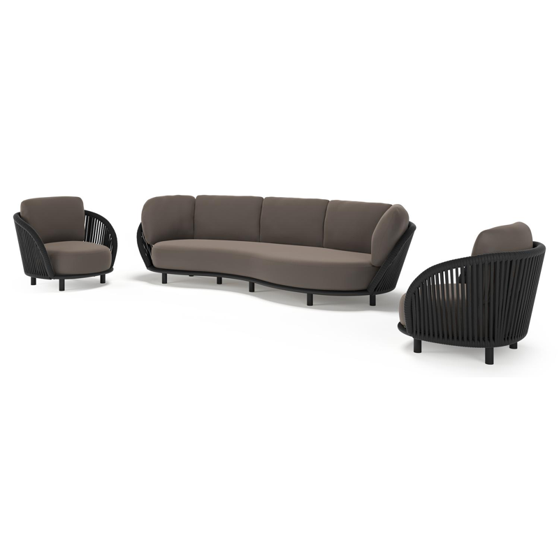 Salon de jardin Lupino en aluminium noir et corde large plate de luxe tissée verticalement noir et coussins en all weather sunbrella® luxe natte nature grey