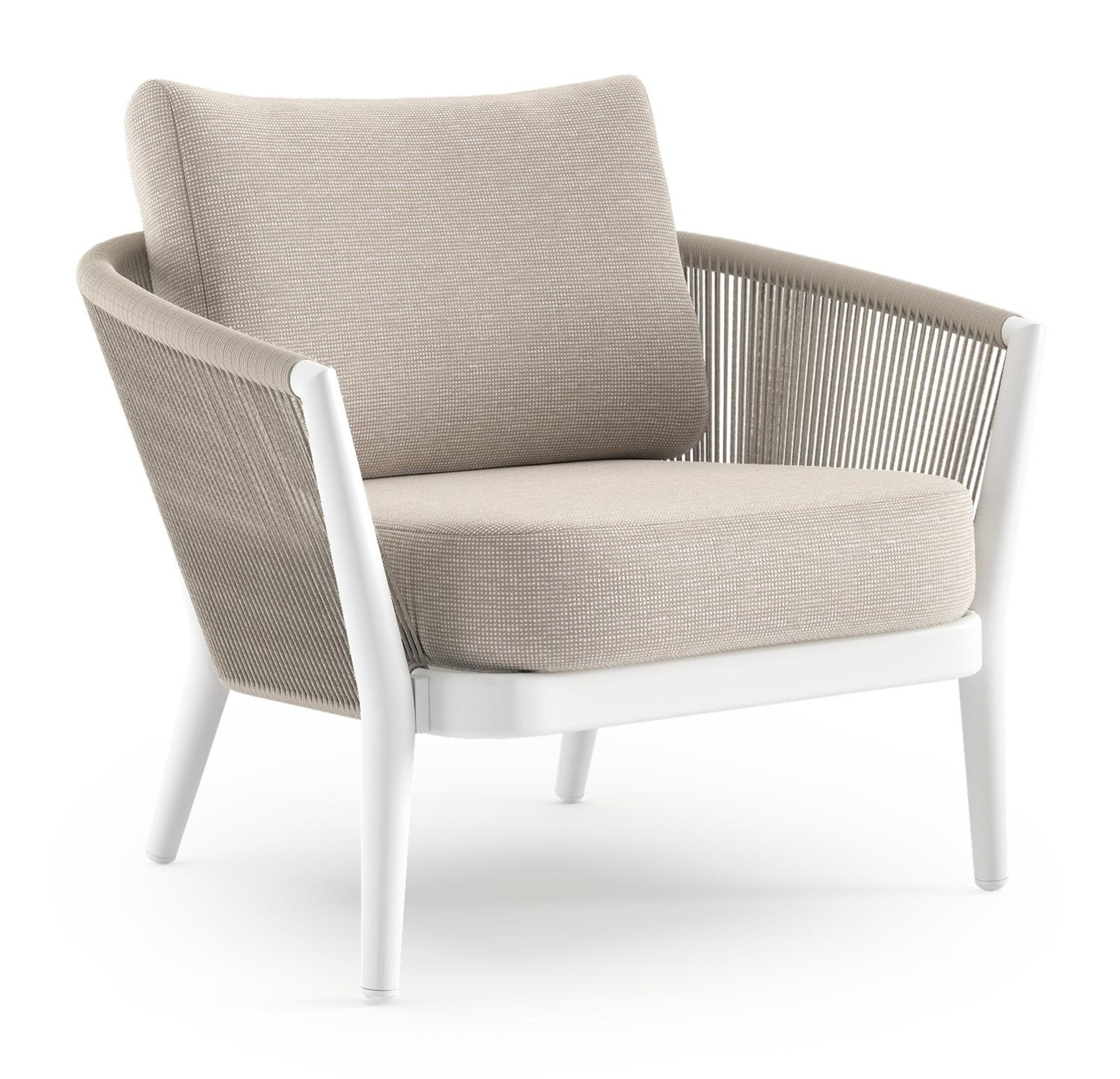 Orso loungestoel in wit aluminium en beige verticaal geweven ronde rope met Slow Farafra all weather sunbrella® luxe kussen