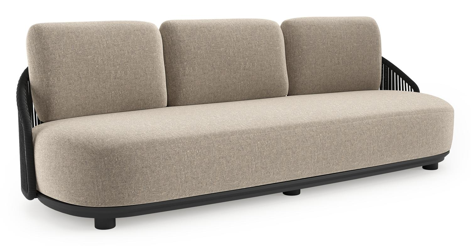 Vadelo loungebank in zwart aluminium en zwart verticaal geweven ronde rope met chartres pewter all weather sunbrella® luxe kussen