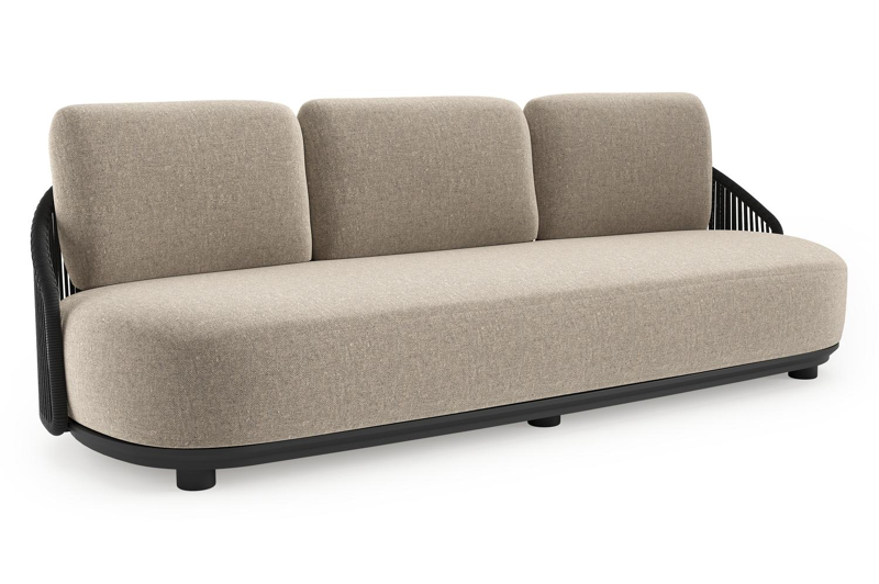 Vadelo loungebank in zwart aluminium en zwart verticaal geweven ronde rope met chartres pewter all weather sunbrella® luxe kussen