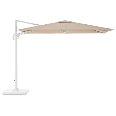 Avola zweefparasol met tiltfunctie in wit aluminium en natural Weather+ Softtouch parasoldoek - L1 200 x L2 300 cm met Pedito parasolvoet 120 kg