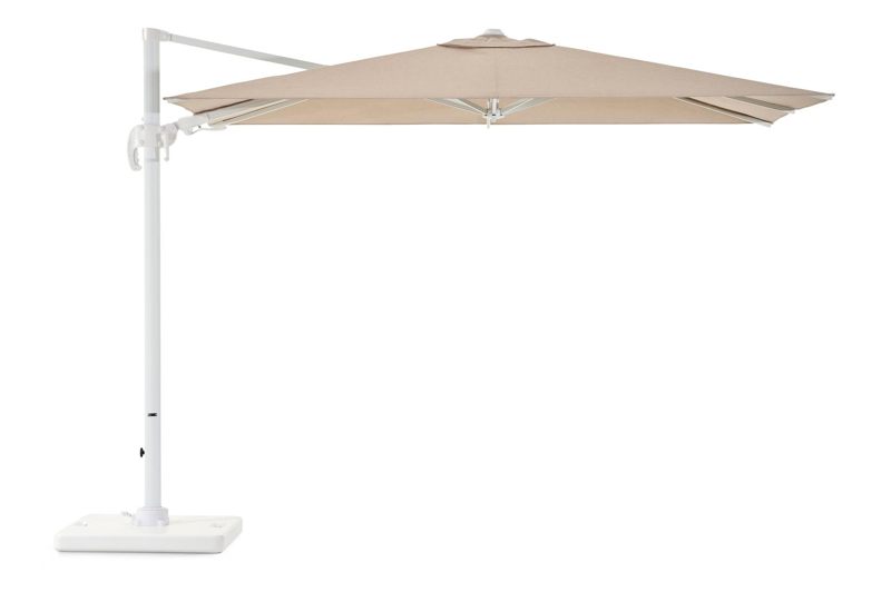 Avola zweefparasol met tiltfunctie in wit aluminium en natural Weather+ Softtouch parasoldoek - L1 200 x L2 300 cm met Pedito parasolvoet 120 kg