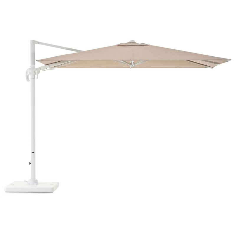 Avola zweefparasol met tiltfunctie in wit aluminium en natural Weather+ Softtouch parasoldoek - L1 200 x L2 300 cm met Pedito parasolvoet 120 kg