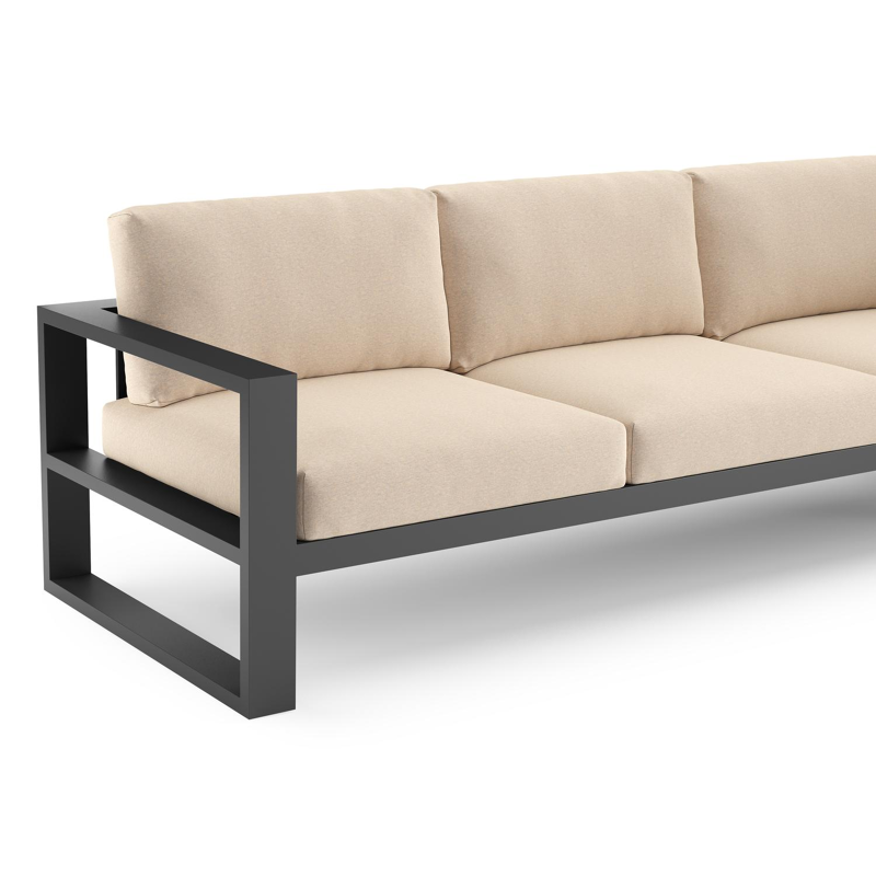 Verato loungehoek in zwart aluminium met heritage papyrus all weather sunbrella® luxe kussen