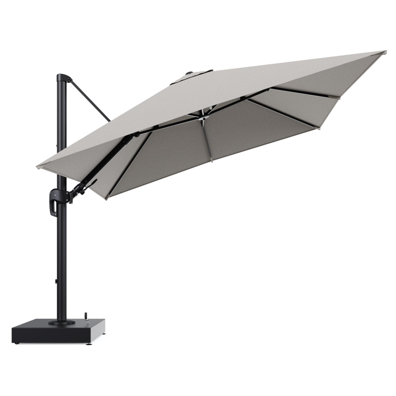Rufina zweefparasol met tiltfunctie in zwart aluminium en Firenze Sand All Weather Solica parasoldoek - L1 300 x L2 300 cm met parasolvoet Minore 150 kg met wielen