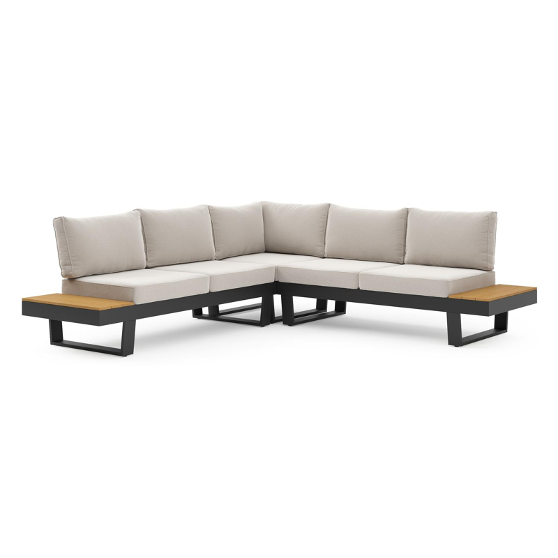 Salon de jardin d'angle Alora en aluminium noir et coussins en weather+ softtouch beige