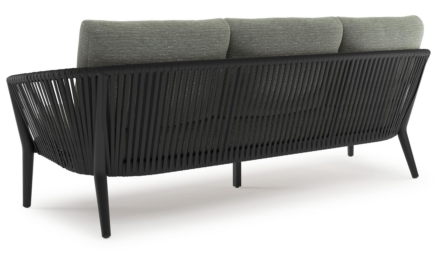 Orso loungebank in zwart aluminium en zwart verticaal geweven ronde rope met Slow Fern all weather sunbrella® luxe kussen