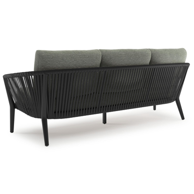 Canapé de jardin Orso en aluminium noir en corde ronde tissée verticalement noir et coussins en all weather sunbrella® luxe Slow Fern