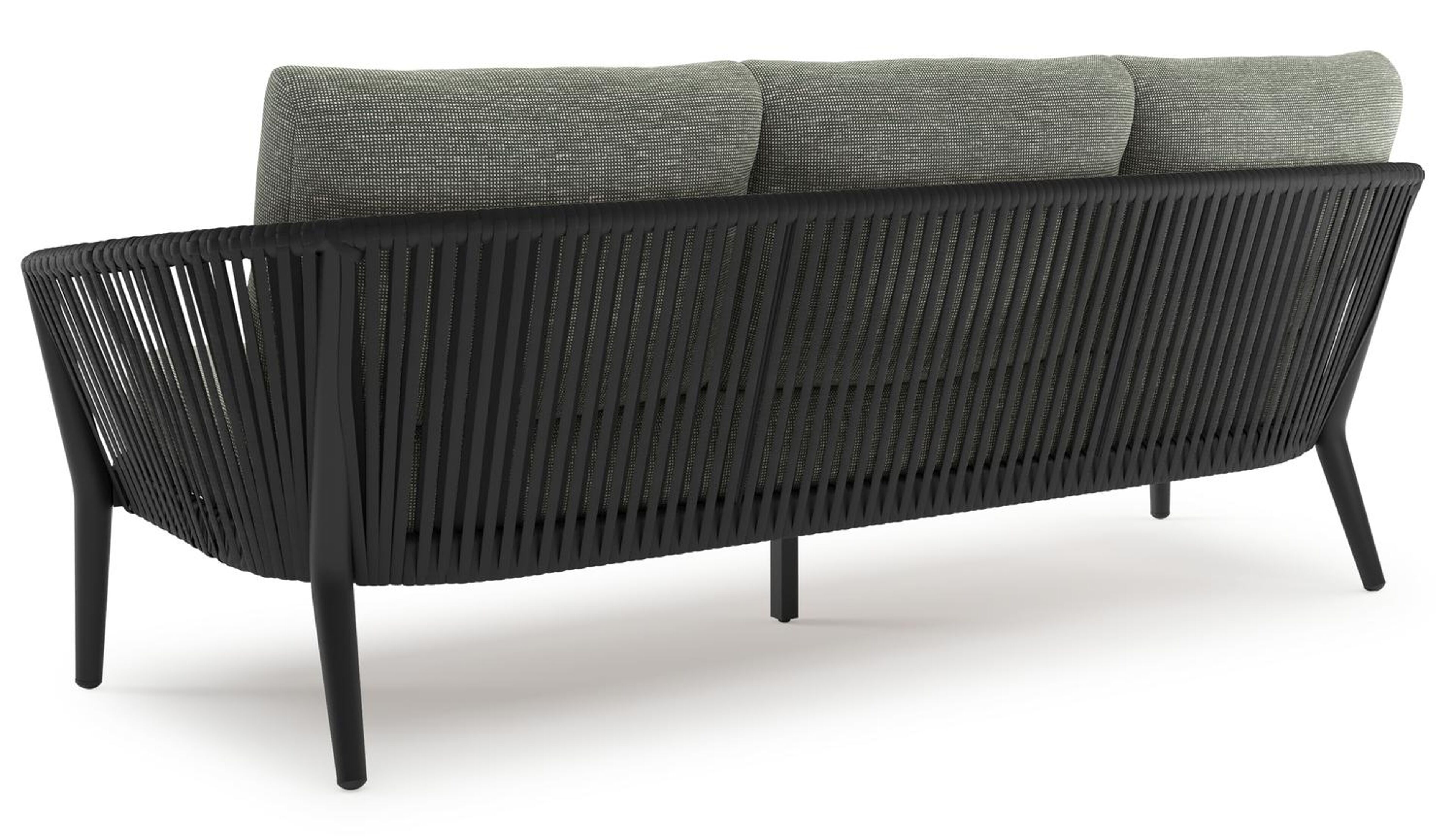 Orso loungebank in zwart aluminium en zwart verticaal geweven luxe vlakke rope met Slow Fern all weather sunbrella® luxe kussen