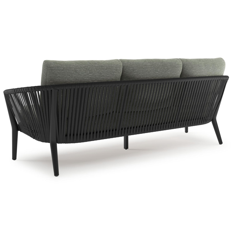 Orso loungebank in zwart aluminium en zwart verticaal geweven ronde rope met Slow Fern all weather sunbrella® luxe kussen