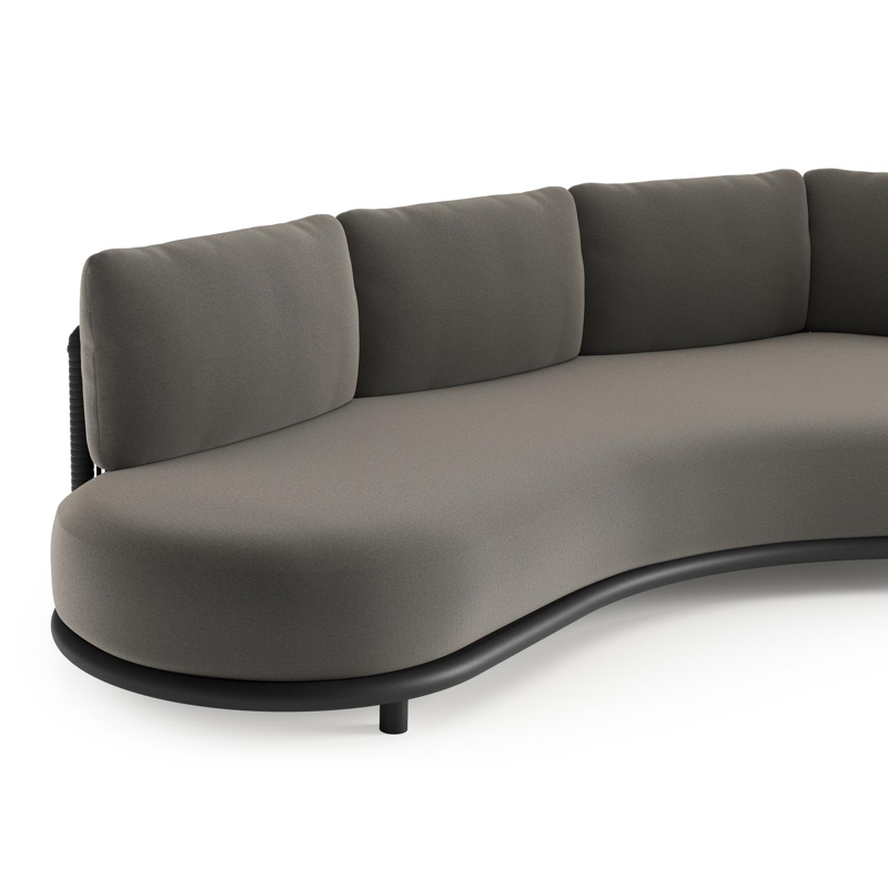 Lomano loungebank in zwart aluminium en zwart verticaal geweven luxe vlakke rope met natte dark taupe all weather sunbrella® luxe kussen