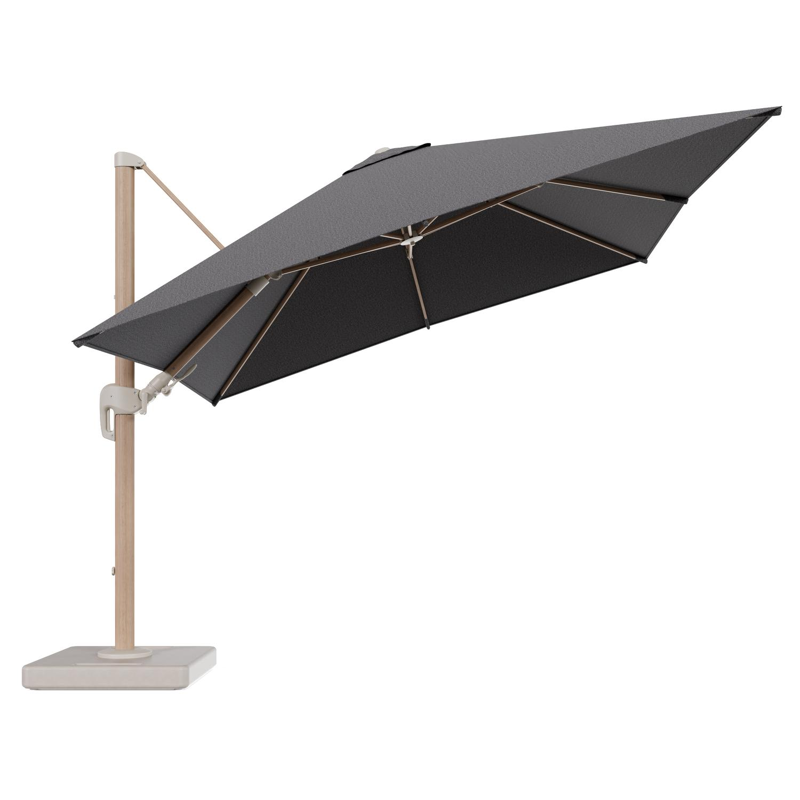 Parasol pendant Rufina avec fonction tilt en aluminium aspect de bois et toile de parasol en All Weather Solica Firenze Tunder - Lg.1 300 x Lg.2 300 cm avec pied de parasol Lapido 160 kg