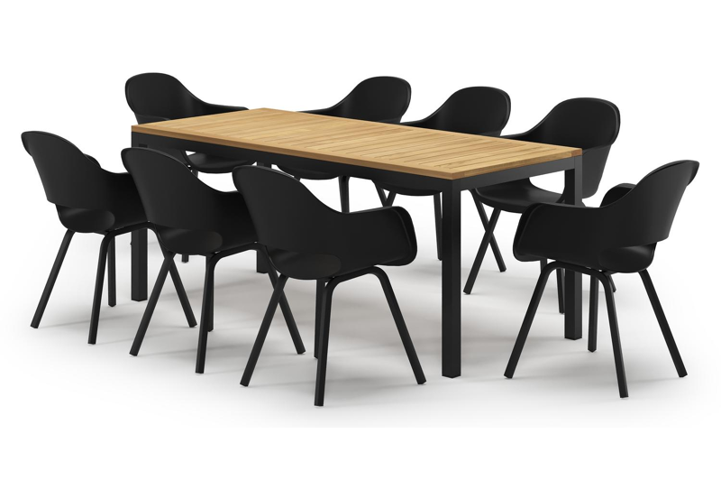 Feltro tuinset in zwart aluminium en teak met 8 Artena tuinstoelen