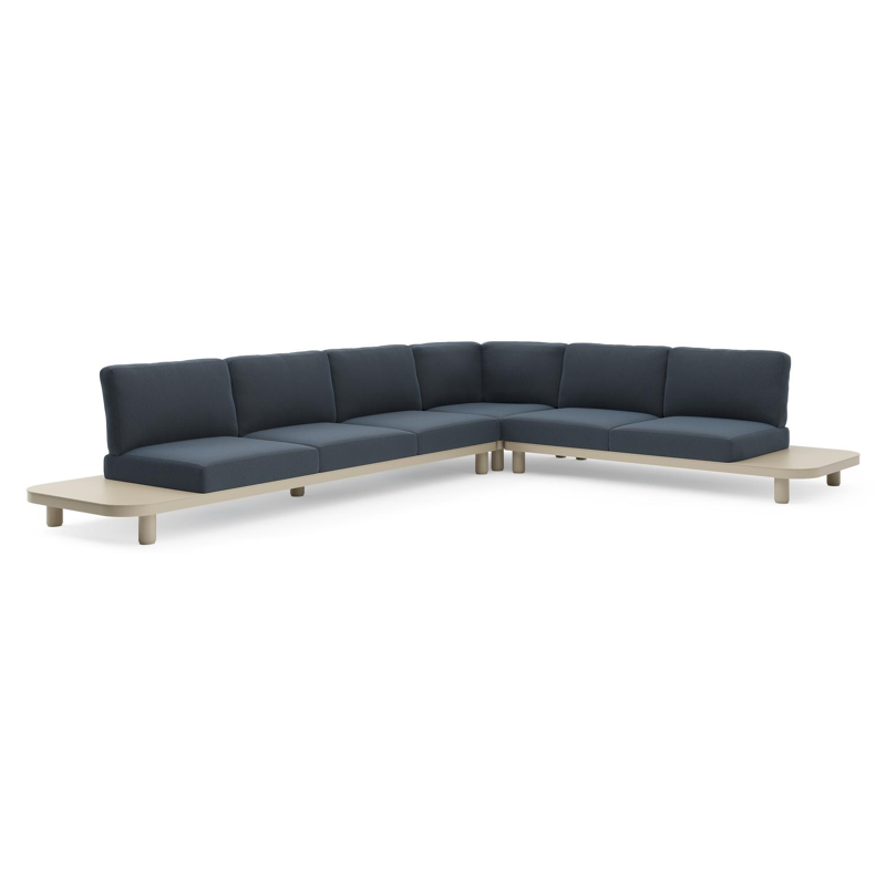Salon de jardin d'angle Donato en aluminium beige et coussins en All Weather Sunbrella® luxe heritage indigo