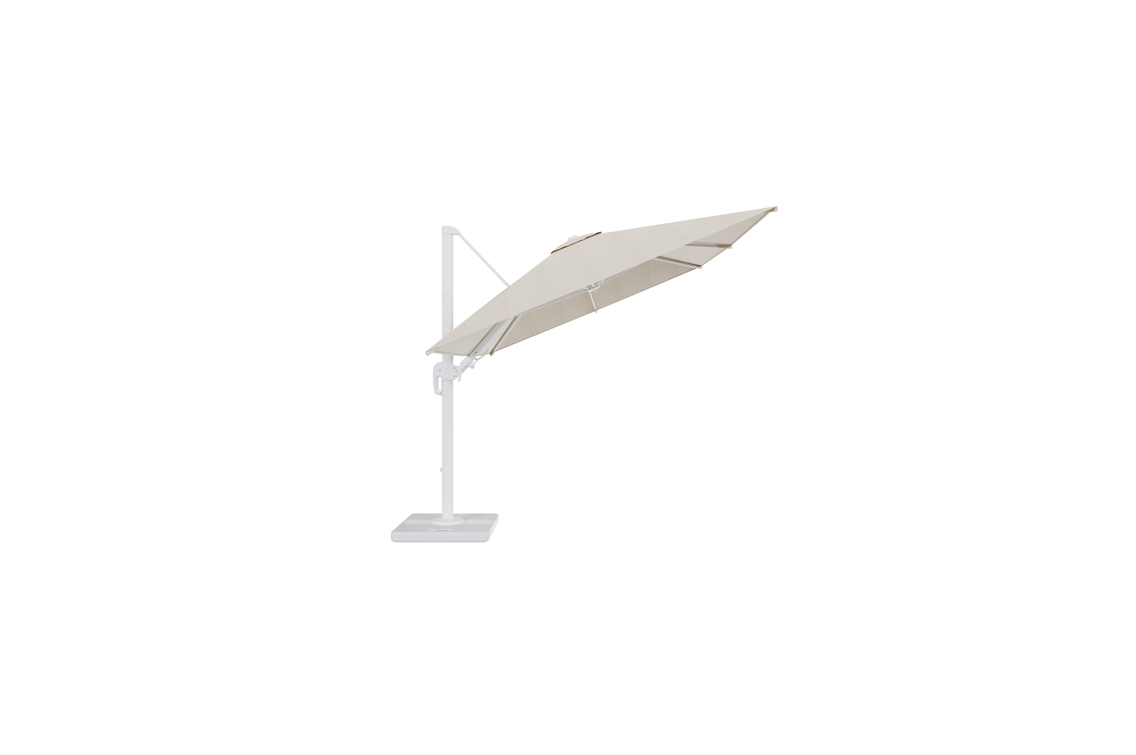 Rufina zweefparasol met tiltfunctie in wit aluminium met beige all weather sunbrella® premium parasoldoek - L1 350 x L2 250 cm met parasolvoet Lapido 120 kg