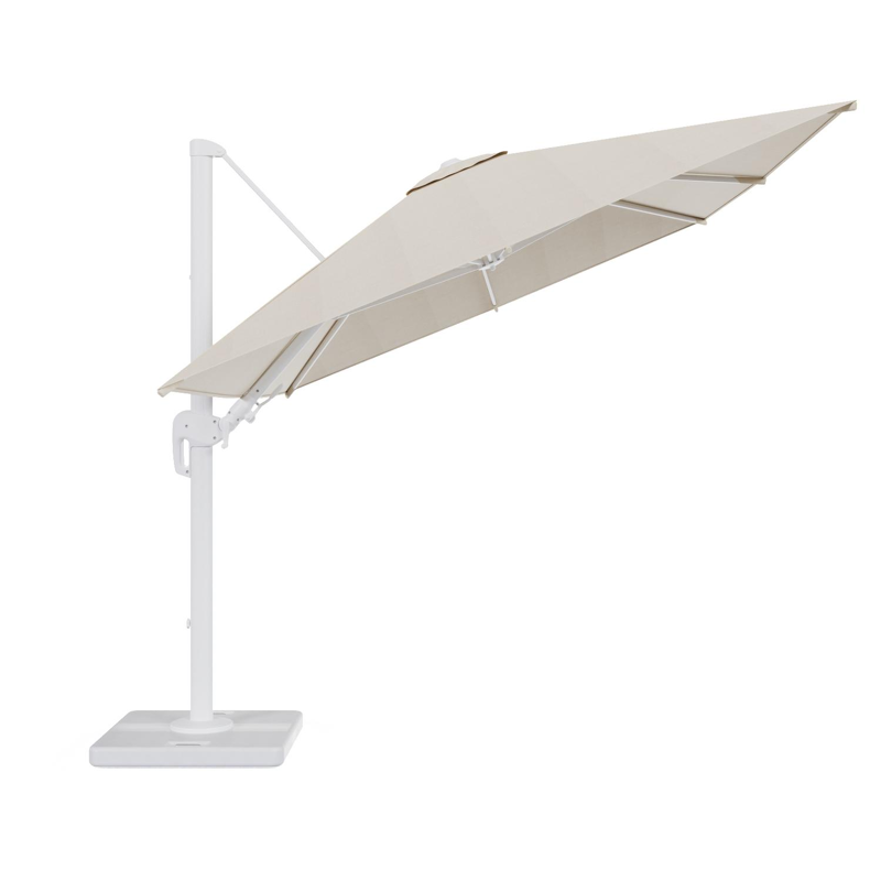 Rufina zweefparasol met tiltfunctie in wit aluminium met beige all weather sunbrella® premium parasoldoek - L1 350 x L2 250 cm met parasolvoet Lapido 120 kg
