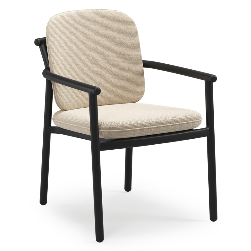 Bono stapelbare tuinstoel in zwart aluminium met stoelkussen in All Weather Cosytica Althea Chalk