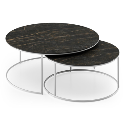 Fano set van 2 loungetafels rond in wit aluminium en volkeramiek Black Obsession - Dia. 85/65 x H 35/30 cm