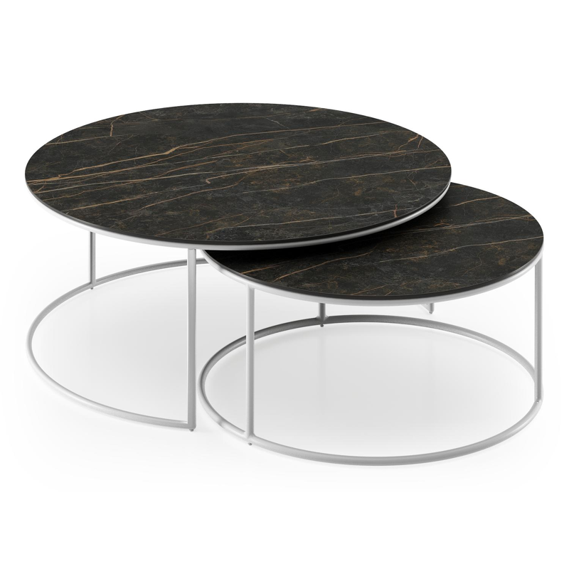 Fano set van 2 loungetafels rond in wit aluminium en volkeramiek Black Obsession - Dia. 85/65 x H 35/30 cm