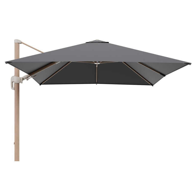 Parasol pendant Rufina avec fonction tilt en aluminium aspect de bois et toile de parasol en All Weather Sunbrella® Luxe Natte Charcoal Chine  - Lg.1 300 x Lg.2 300 cm (sans pied de parasol
