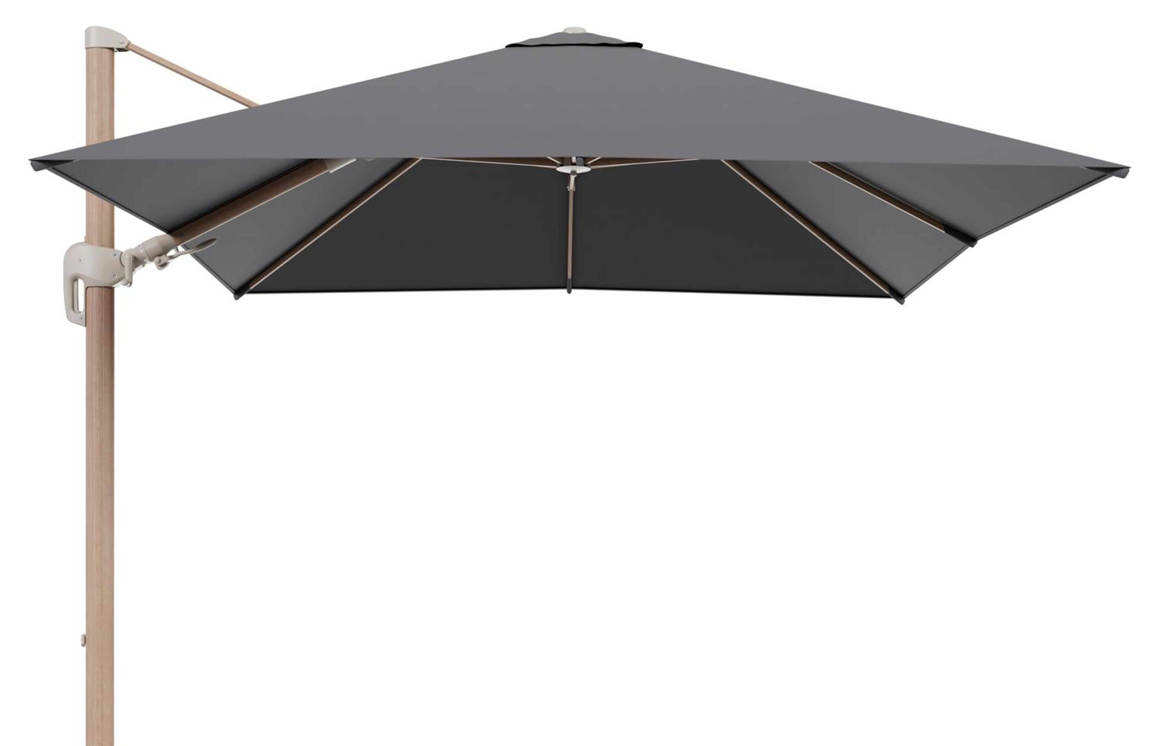 Rufina zweefparasol tiltfunctie in houtlook aluminium en parasoldoek in All Weather Sunbrella® Luxe Natte Charcoal Chine  - L1 300 x L2 300 cm (zonder voet) (zonder voet)