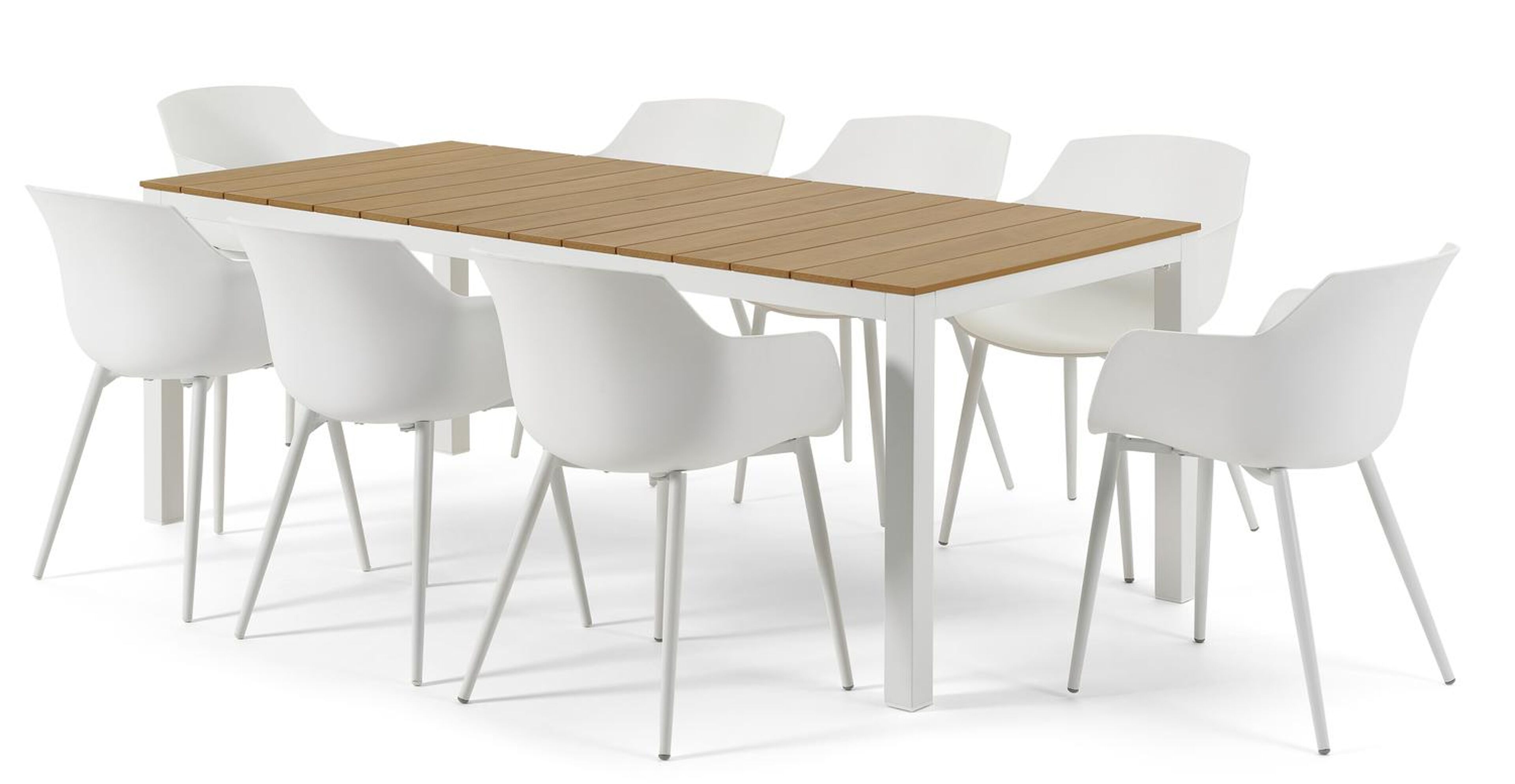 Toma tuinset in wit aluminium en naturel polywood tafelblad met 8 Paco tuinstoelen