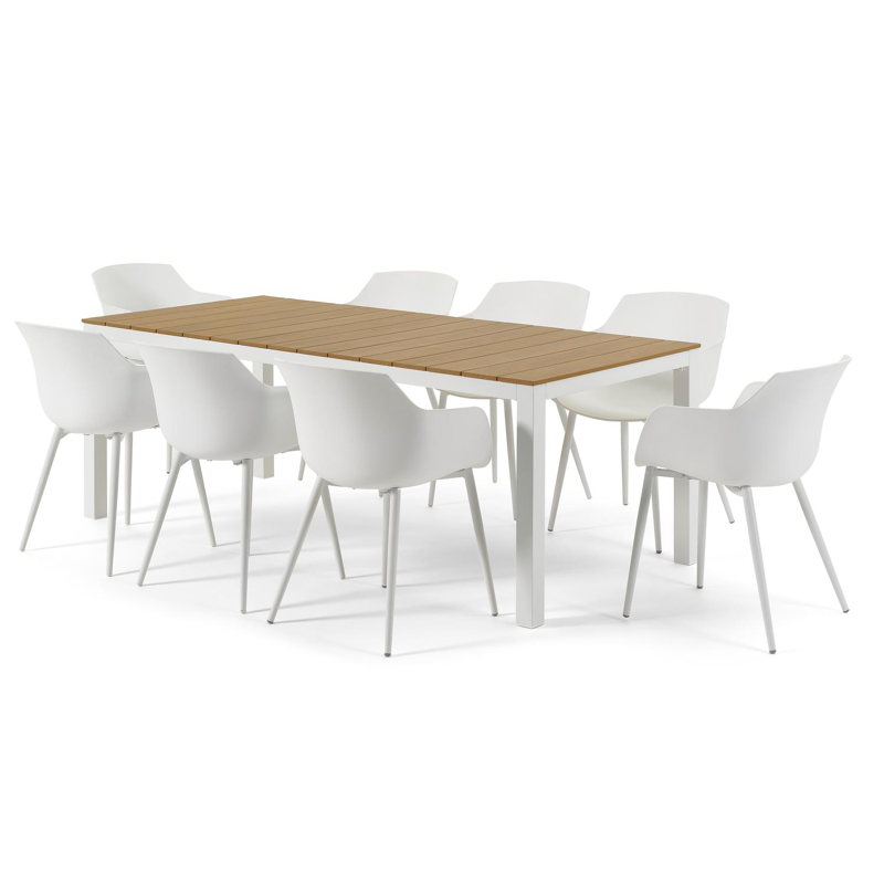 Toma tuinset in wit aluminium en naturel polywood tafelblad met 8 Paco tuinstoelen