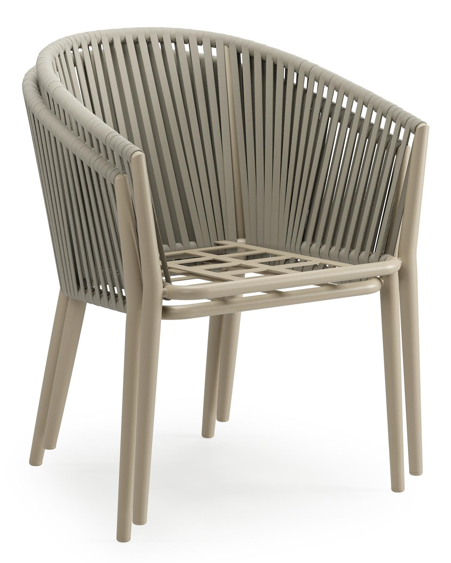 Orso tuinstoel in beige aluminium en beige verticaal geweven vlakke rope met Lopi Marble All Weather Sunbrella® Luxe kussen