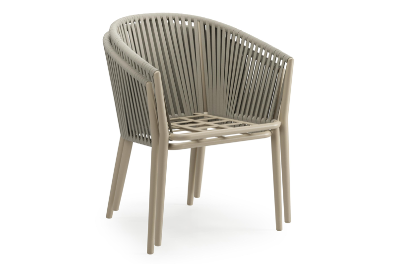 Orso tuinstoel in beige aluminium en beige verticaal geweven vlakke rope met Lopi Marble All Weather Sunbrella® Luxe kussen