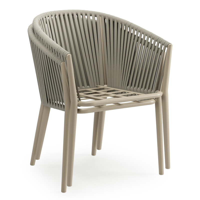 Chaise de jardin Orso en aluminium beige et corde plate tissée verticalement beige avec coussin luxe en All Weather Sunbrella® Luxe Tundra Red