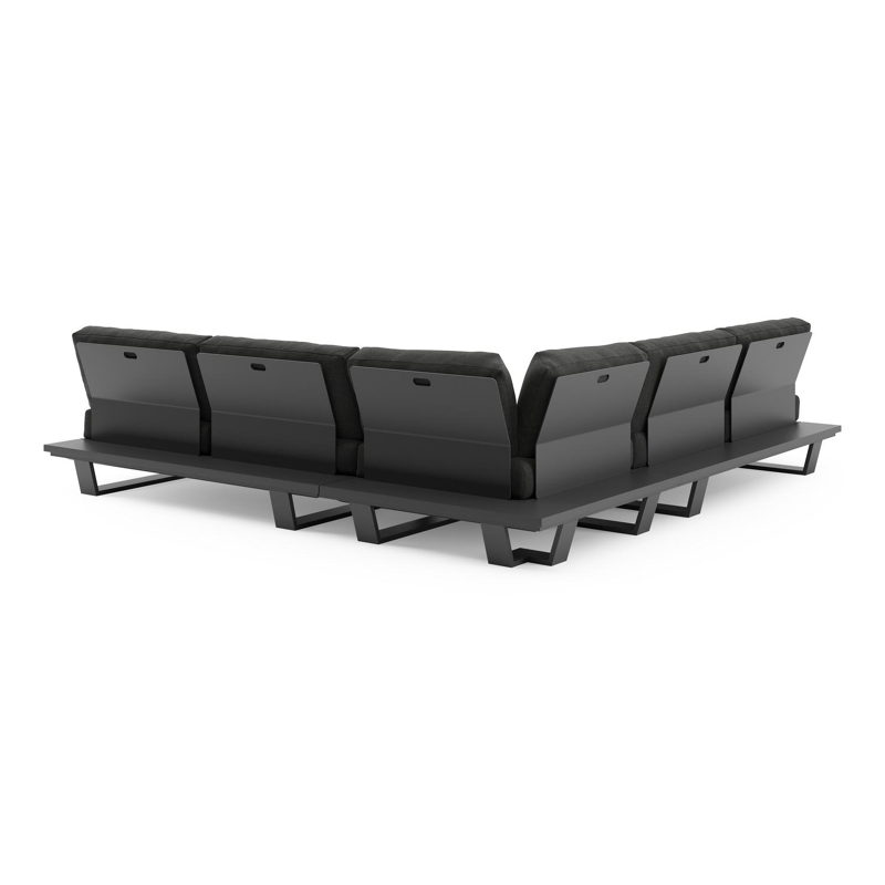 Salon de jardin d'angle Pagino en aluminium noir et coussins en all weather sunbrella® luxe chartres sooty