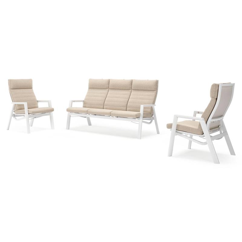 Salon de jardin Prato en aluminium blanc et aluminium beige et coussins en Weather+ Softtouch beige