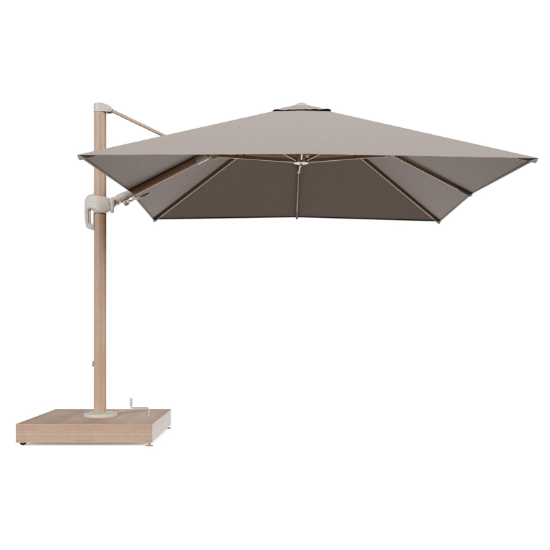 Rufina zweefparasol met tiltfunctie in houtlook aluminium en Firenze Earth All Weather Solica parasoldoek - L1 300 x L2 300 cm met parasolvoet Minore 260 kg met wielen